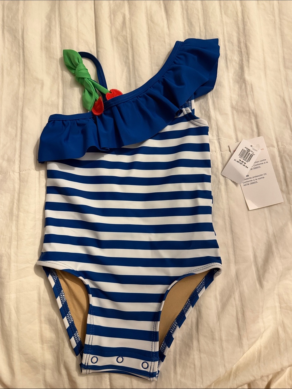 Old Navy Blue & White Stripe One-Shoulder Girls' Swimsuit with Ruffle